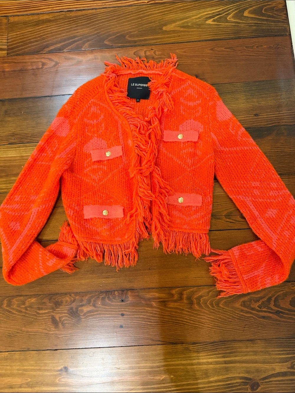 Le Superbe Women’s Orange Fringe Knit Cardigan